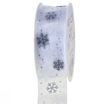 Prodotto Nastro natalizio fiocchi di neve in organza bianco grigio 40mm 15m