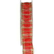 Prodotto Nastro decorativo Nastro regalo scozzese rosso verde oro 25 mm 20 m