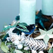 Prodotto Addobbo natalizio merlo con clip blu, glitter assortiti 3pz