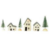 Prodotto Villaggio di Natale casette in legno abeti verdi e bianchi 5-8 cm set da 6