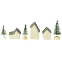 Prodotto Villaggio di Natale casette in legno abeti verdi e bianchi 5-8 cm set da 6