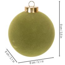 Prodotto Palline per albero di Natale, effetto velluto, verdi, mix di texture, 8 cm, 12 pezzi. Palline di Natale, verde muschio floccato, palline di plastica, verde muschio floccato. Cordoncini di cotone inclusi per ogni pallina.