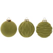Prodotto Palline per albero di Natale, effetto velluto, verdi, mix di texture, 8 cm, 12 pezzi. Palline di Natale, verde muschio floccato, palline di plastica, verde muschio floccato. Cordoncini di cotone inclusi per ogni pallina.