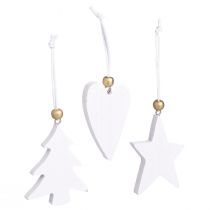 Prodotto Decorazioni natalizie, stella, albero e cuore in legno, 6 pezzi, ciondoli decorativi bianchi e oro