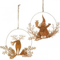 Prodotto Anello decorativo per Natale, renna nell&#39;anello, Babbo Natale con regalo, patina decorativa in metallo Ø18cm set di 2