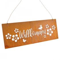 Cartello di benvenuto in metallo patina fiori 40x15cm