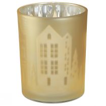 Prodotto Lanterna in vetro argento oro silhouette città H12,5 cm 4 pz