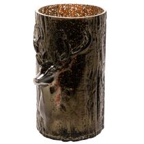 Prodotto Portacandele in vetro con decorazioni a rilievo raffiguranti testa di cervo e albero, decorazione invernale, 26 cm