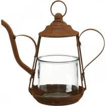 Lanterna in metallo vetro teiera decoro patinato Ø15cm H26cm