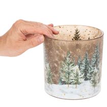 Prodotto Portacandele in vetro con decorazione a tema foresta di abeti, ideale per l'inverno, 15 cm.