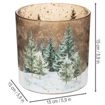 Prodotto Portacandele in vetro con decorazione a tema foresta di abeti, ideale per l'inverno, 15 cm.