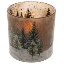 Prodotto Portacandele in vetro con decorazione a tema foresta di abeti, ideale per l'inverno, 15 cm.