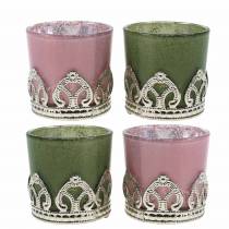 Lanterna vetro metallo decoro verde lilla Ø5,5 cm H5,5 cm 4 pezzi