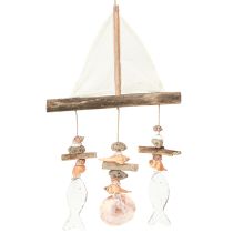 Prodotto Campanello a vento decorazione nave a vela pesce legno bianco naturale H56cm