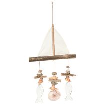 Prodotto Campanello a vento decorazione nave a vela pesce legno bianco naturale H56cm