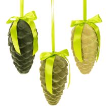 Prodotto Pigne decorative da appendere, pigne floccate con nastro e fiocco, 18 cm, 3 pezzi