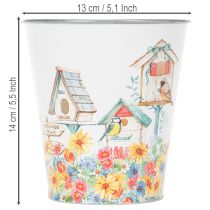 Prodotto Vaso in latta con casette per uccelli, decorazione estiva, fioriera H14,5cm Ø13,5cm
