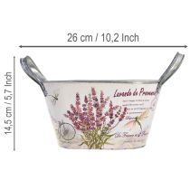 Prodotto Ciotola ovale in metallo con manici, colore lavanda, 26×13×14,5 cm.