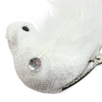 Deco uccello sulla clip con glitter bianco 14 cm 2 pezzi