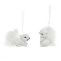 Prodotto Ciondoli scoiattolo bianco da 6 cm con dettagli glitterati e piume - Perfetti per la decorazione festosa dell'albero di Natale - Confezione da 2