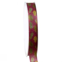 Prodotto Nastro regalo nastro in tessuto autunnale con foglie di quercia verde bordeaux 15 mm 18 m