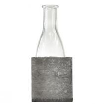 Prodotto Vaso in vetro con supporto in legno grigio, 20 cm. Decorazione rustica con bottiglia in vetro.