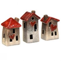 Prodotto Romantiche casette in ceramica con motivo a cuori - toni rossi e naturali, 11 cm - decorazione invernale realizzata con cura - 3 pz.