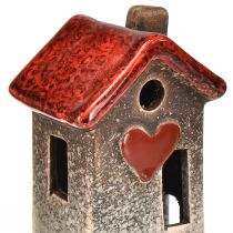 Prodotto Romantiche casette in ceramica con motivo a cuori - toni rossi e naturali, 11 cm - decorazione invernale realizzata con cura - 3 pz.