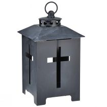 Prodotto Lanterna per tomba con luce a croce e finestra in metallo grigio antico 13 x 27 cm