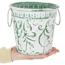 Prodotto Vasi in metallo con manici, fioriere con decorazioni in rilievo, bianco, verde, shabby chic, H20.5/18.5/16cm, Ø25.5/20.5/15.5cm, set da 3