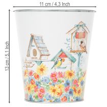 Prodotto Vaso in metallo decorato, fioriera con casette per uccelli, secchiello in latta H13cm Ø11.5cm