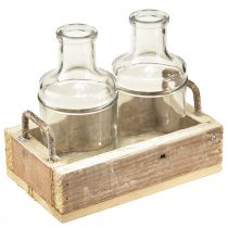 Prodotto Set mini vasi in vetro vassoio decorativo in legno vintage 16x10x14cm