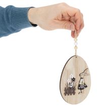 Prodotto Uova di Pasqua da appendere, uovo in legno con coniglietto, bianco naturale, 13 cm, 6 pezzi
