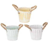 Prodotto Secchiello per piante, vaso in metallo con manici, fioriera decorativa, rosa/verde/giallo, shabby chic, Ø12cm, H10cm, set da 3