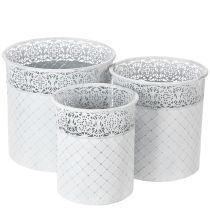 Prodotto Vaso per piante con motivo a pizzo, contenitore in metallo, secchiello decorativo, bianco, argento, shabby chic, H28/25.5/23.5cm, Ø29.5/25.5/20cm, set da 3