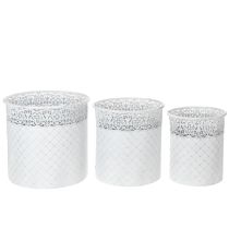 Prodotto Vaso per piante con motivo a pizzo, contenitore in metallo, secchiello decorativo, bianco, argento, shabby chic, H28/25.5/23.5cm, Ø29.5/25.5/20cm, set da 3