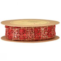 Prodotto Nastro di pizzo con nastro decorativo in tessuto glitter oro rosso 25 mm 15 m