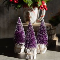Prodotto Albero di Natale decorativo viola con punta innevata su base rustica in legno da 15 cm, 3 pezzi.