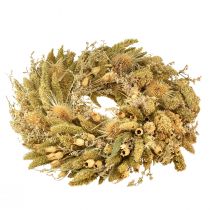 Prodotto Ghirlanda decorativa secca con cardo e miglio in giallo-verde oliva, stile rustico naturale, Ø28cm, versatile decorazione da parete e da tavolo