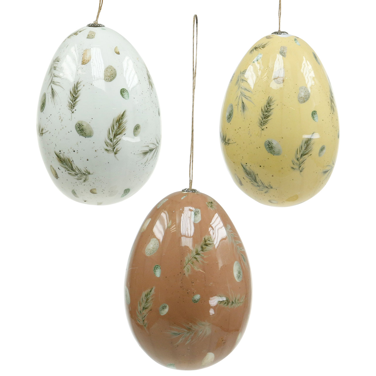 Uova di Pasqua da appendere con motivo uova e piume bianche,  marroni, gialle assortite 3pz-803000-MUSTER