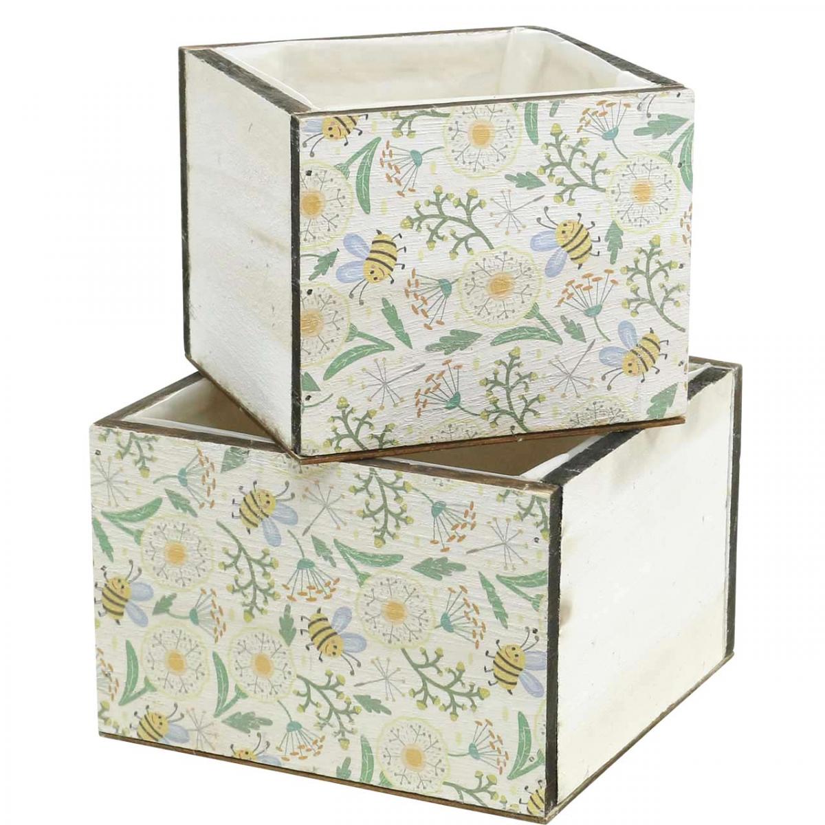 Scatole per piantare, decorazione in legno, scatola  decorativa con api, decorazione primaverile, shabby chic L15/12cm H10cm set  di 2-03036