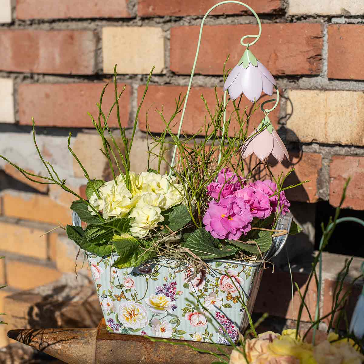 Vasetto Portafiori Vintage Happyyyami In Metallo, Grigio Chiaro, Con Decorazione Floreale, Ideale Per Giardino E Casa