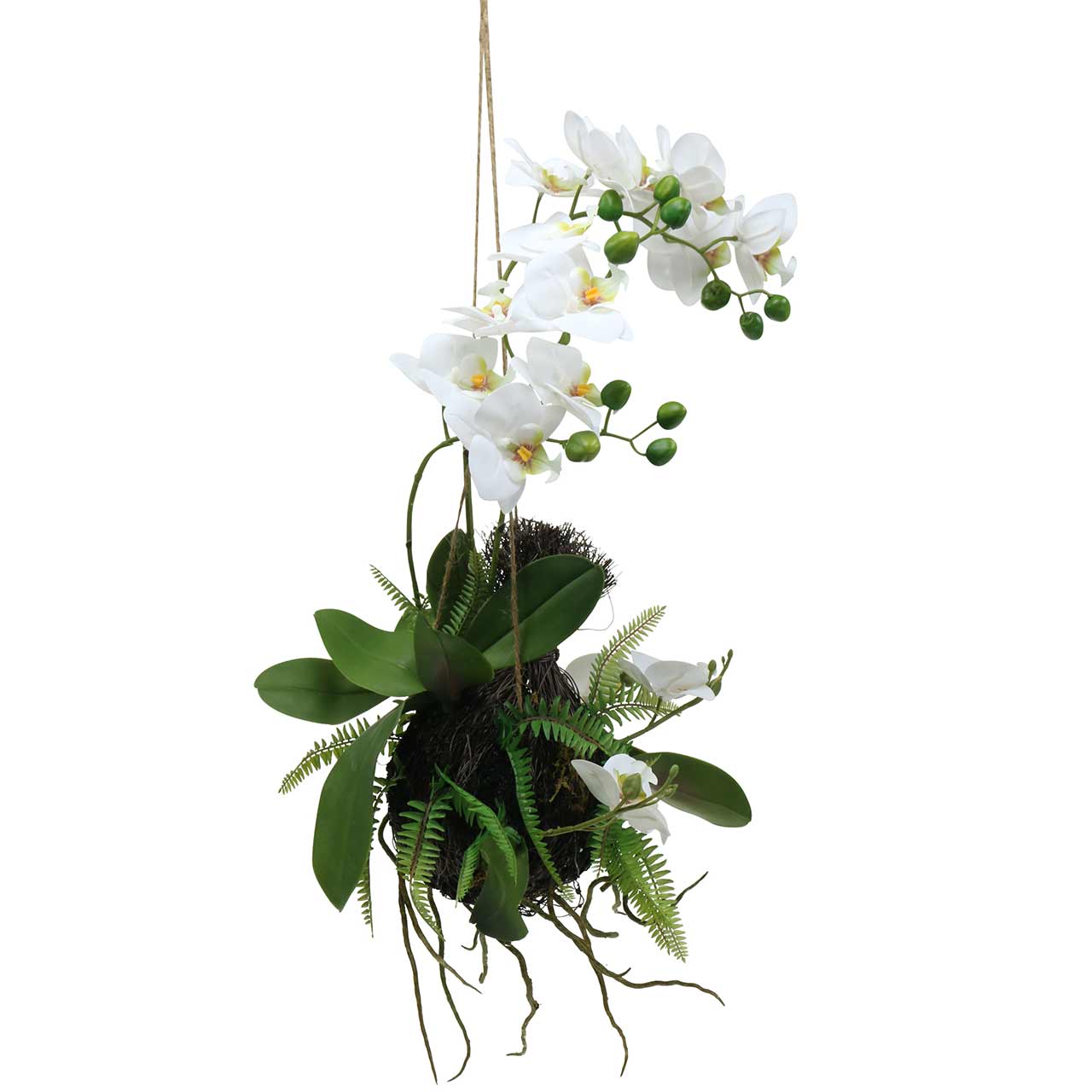 Orchidea con palline di felce e muschio artificiale bianca  da appendere 64 cm-67173