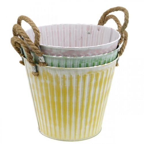 Prodotto Secchio per piantare, fioriera con manici, decorazione in metallo rosa/verde/giallo shabby chic Ø16,5 cm H15 cm set da 3