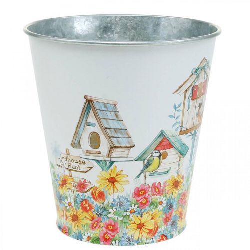 Prodotto Vaso in latta con casette per uccelli, decorazione estiva, fioriera H14,5 cm Ø13,5 cm