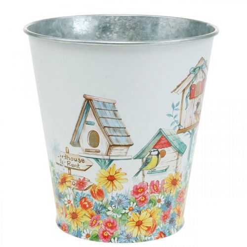 Floristik24 Vaso in latta con casette per uccelli, decorazione estiva, fioriera H14,5 cm Ø13,5 cm