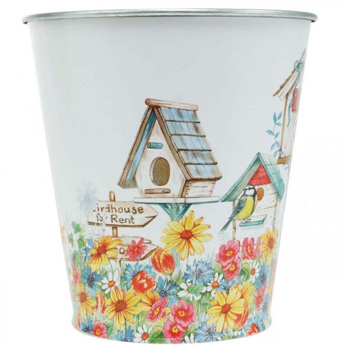 Prodotto Vaso in latta con casette per uccelli, decorazione estiva, fioriera H14,5 cm Ø13,5 cm