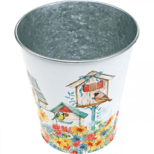 Prodotto Vaso in latta con casette per uccelli, decorazione estiva, fioriera H14,5 cm Ø13,5 cm