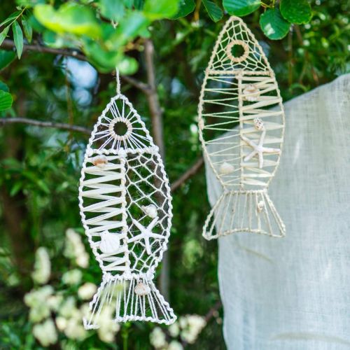 Floristik24 Pesce decorativo con decorazione a conchiglia, decorazione marinara, pesce da appendere bianco 38cm