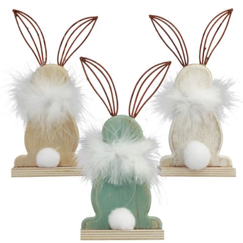 Coniglietti decorativi in legno con piume Decorazione pasquale H17,5 cm 3 pezzi